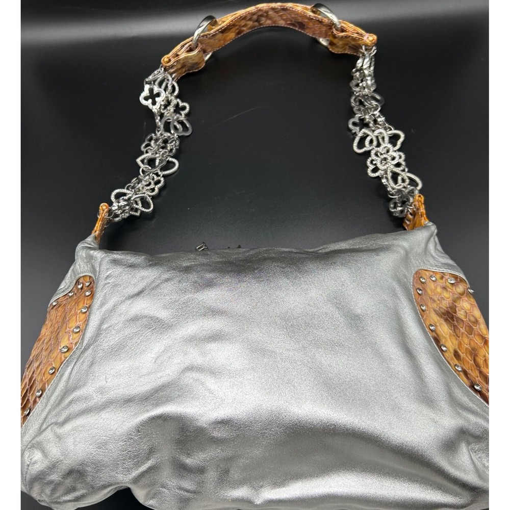 Charm And Luck Silver Leather Handbag Reptile Accent Rhinestone Hobo Rare Unique